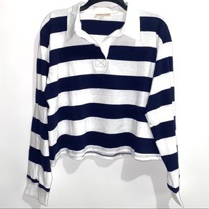Harlow Grey Crop Polo Striped Long Sleeve Shirt